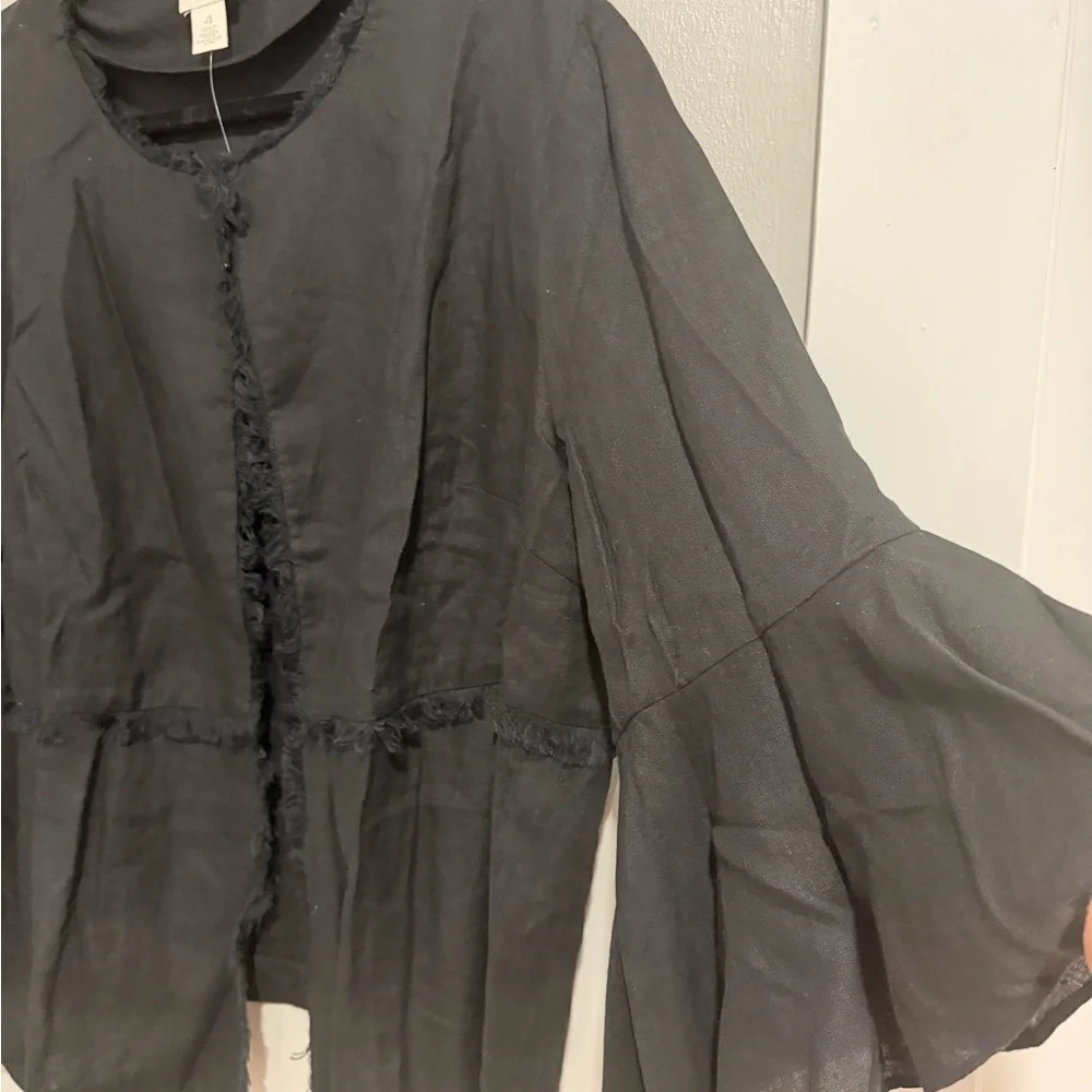 Chico's Linen Black Fringe Trim Bell-Sleeve Jacket - Picture 4 of 16